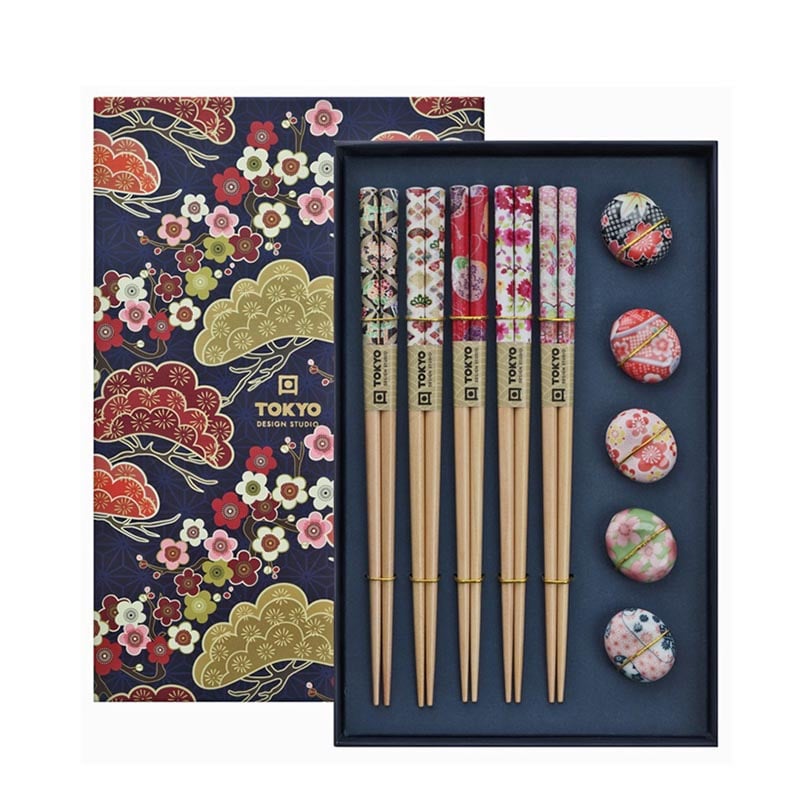 Essstäbchen mit Ruhe-Steinen für elegante Servierung (Geschenkbox) 5 Paare