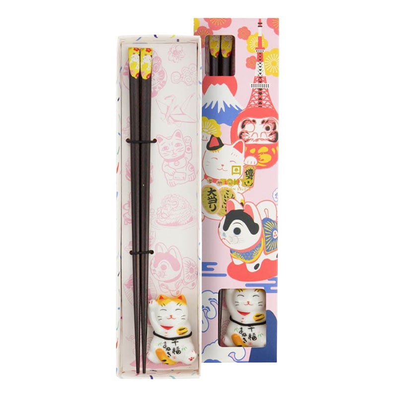 Essstäbchen mit Lucky Cat & Stäbchenablage Gelb