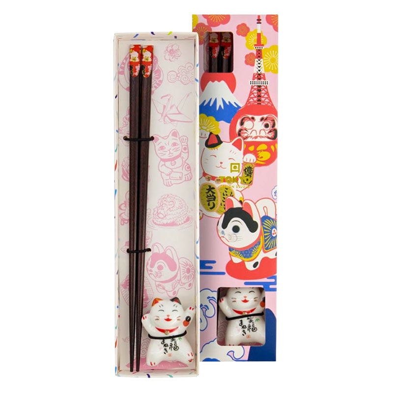 Essstäbchen mit Lucky Cat & Stäbchenablage Rot