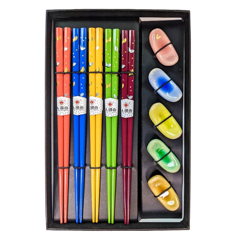 Essstäbchen mit Ruheplätzen in den Farben des Regenbogens (5 Paare)