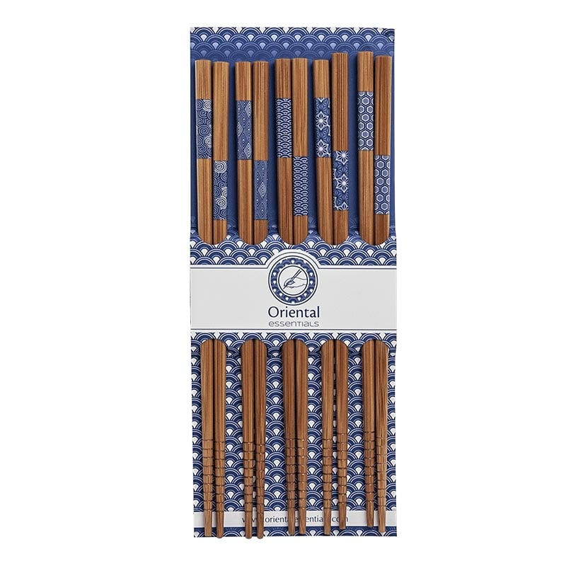 Essstäbchen aus dunklem Holz mit blauem Motiv, 5 Paare