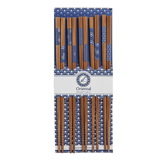 Essstäbchen aus dunklem Holz mit blauem Motiv, 5 Paare