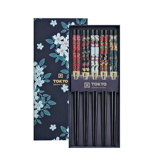 Essstäbchen schwarz mit Blumenmotiv (Geschenkbox) 5 Paare