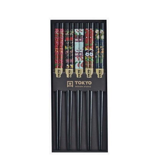 Schwarze Essstäbchen mit Blumen 5 Paare