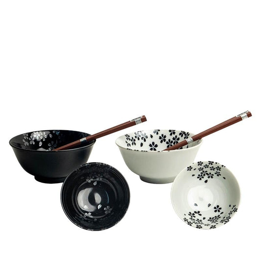 Schüssel Set mit Stäbchen Schwarze & Weiße Blumen 15cm