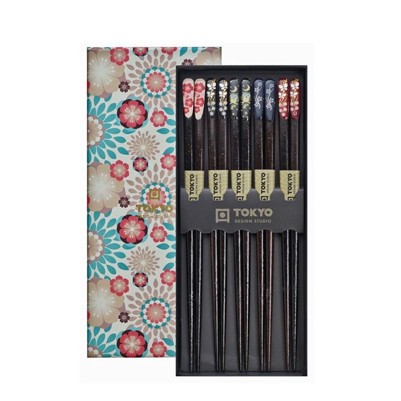 Dunkle Essstäbchen mit eleganten Blumen (Geschenkbox) 5 Paare