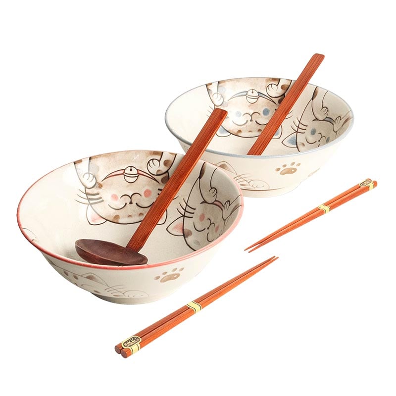 Ramen-Set Essstäbchen & Löffel Drei Katzen